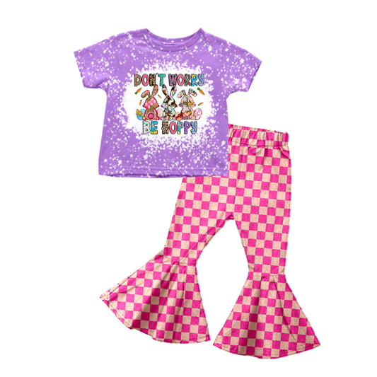 (Custom Design Preorder MOQ 5) Purple Bunny Top Pink Plaid Bell Pants Girls Easter Clothes Set