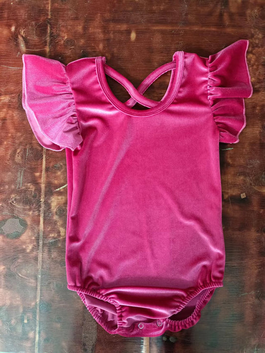 (Custom Design Preorder MOQ 5) Flutter Sleeve Hot Pink Velvet Baby Girls Romper