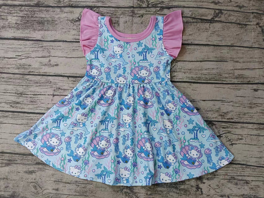 (Custom Design Preorder MOQ 5) Cartoon Cat Sea Shell PrintGirls Knee Length Dress