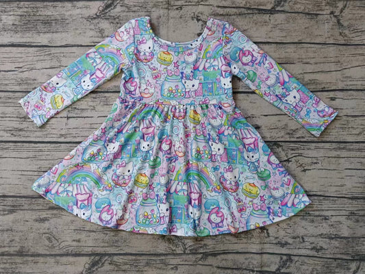 (Custom Design Preorder MOQ 5) Cartoon Cat Candy Rainbow Print Girls Knee Length Dress