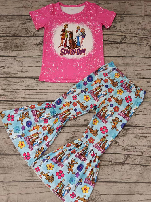 (Custom Design Preorder MOQ 5) Cartoon Dog Flowers Print Girls Clothes Set