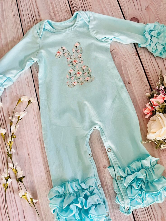 (Custom Design Preorder MOQ 5) Blue Bunny Flowers Print Baby Girls Easter Romper