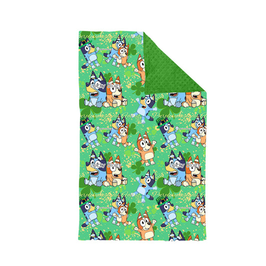 (Custom Design Preorder MOQ 5)NO.7 Green Quatrefoil Cartonn Dog Print Baby St. Patrick's Blanket