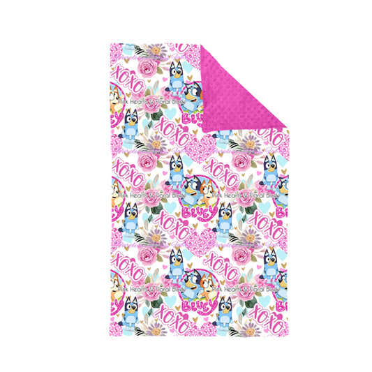 (Custom Design Preorder MOQ 5)NO.8 Cartonn Dog XOXO Flowers Pink Print Baby Valentine's Blanket