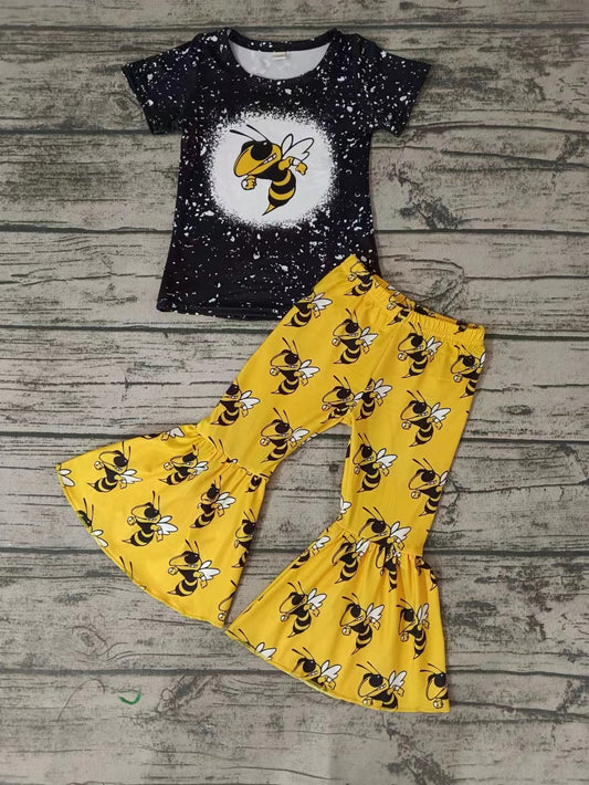 (Custom Design Preorder MOQ 5)Yellow Bee Football Team's Print Girls Clothes Set