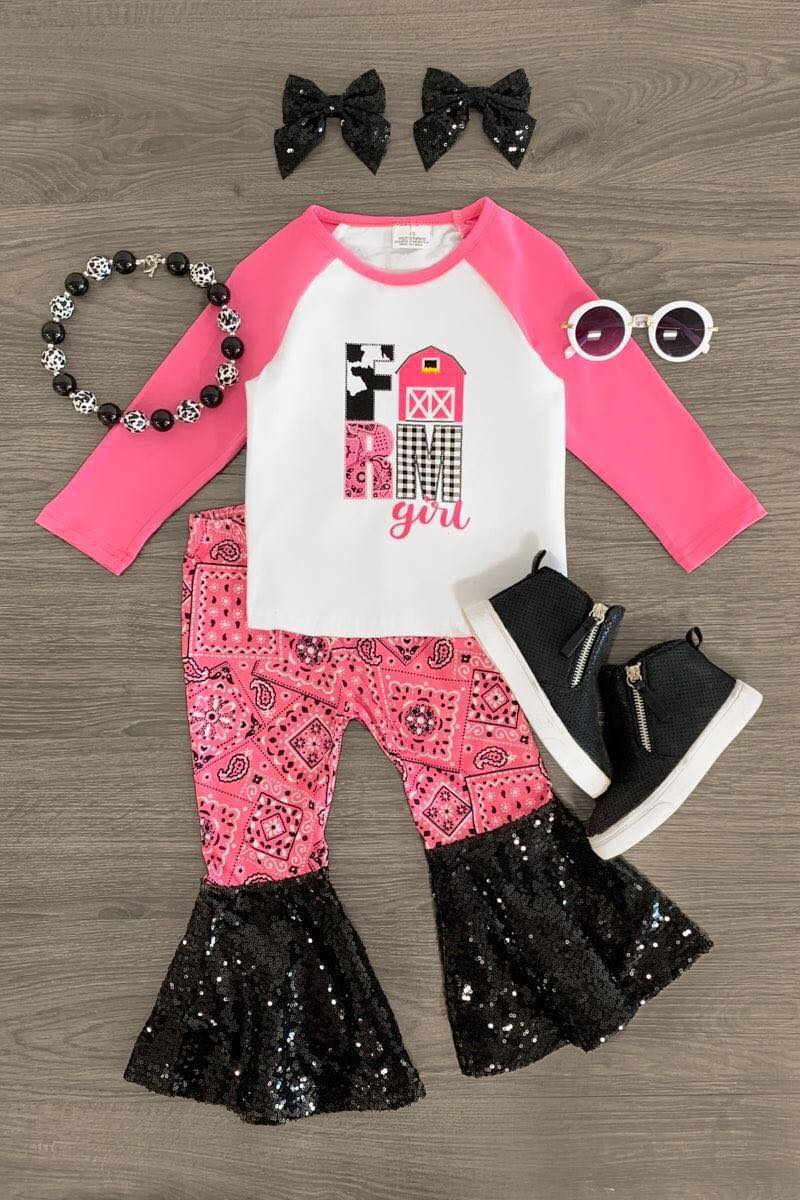 (Custom Design Preorder MOQ 5) Farm Print Black Sequin Ruffle Girls Clothes Set