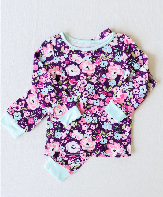 (Custom Design Preorder MOQ 5) Purple Flowers Print Girls Pajamas Clothes Set