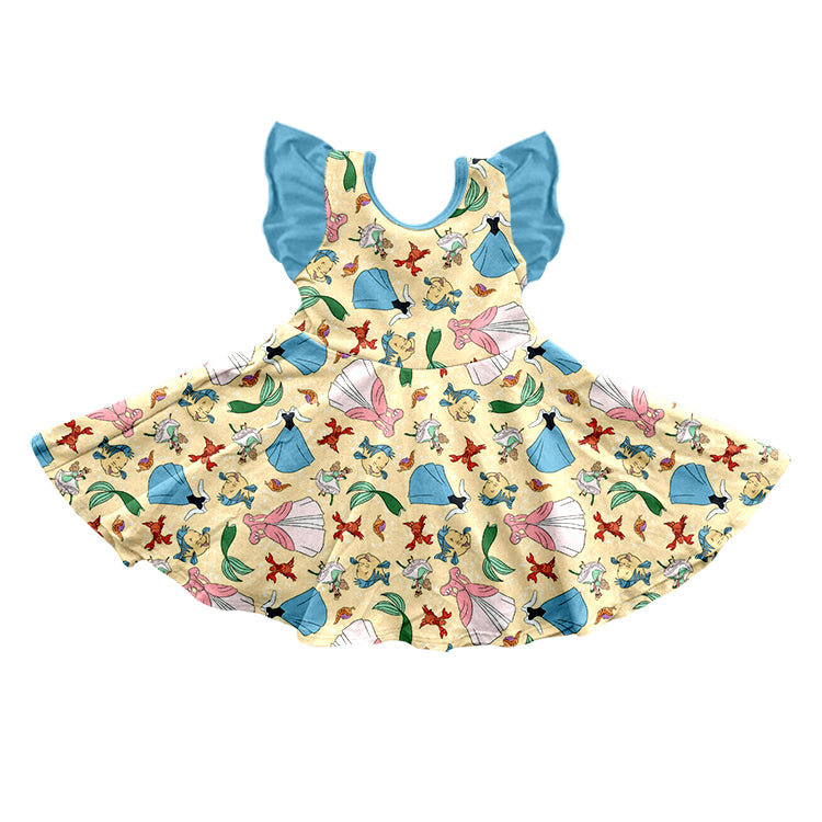 (Custom Design Preorder MOQ 5) Caroon Fish Princess Print Girls knee length dress