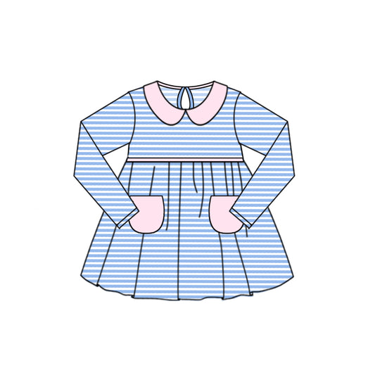 (Custom Design Preorder MOQ 5) Blue Stripes Print Girls Knee Length Dress