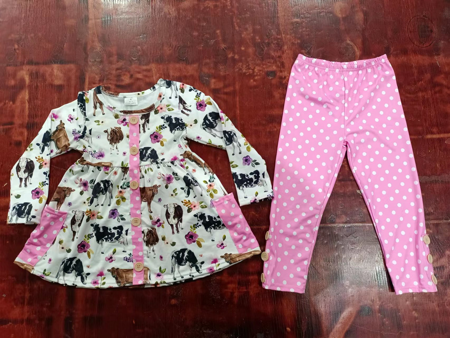 (Custom Design Preorder MOQ 5) Cow Flowers Print Pockets Tunic Top Girls Clothes Set