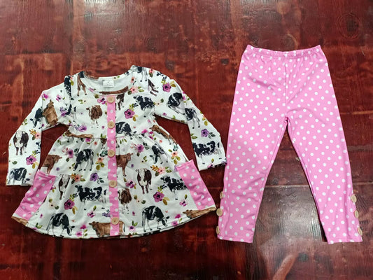 (Custom Design Preorder MOQ 5) Cow Flowers Print Pockets Tunic Top Girls Clothes Set