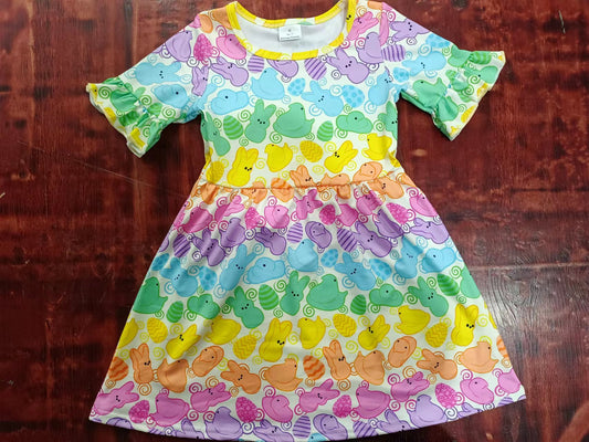 (Custom Design Preorder MOQ 5)  Rainbow Bunny Print Girls Easter Knee Length Dress