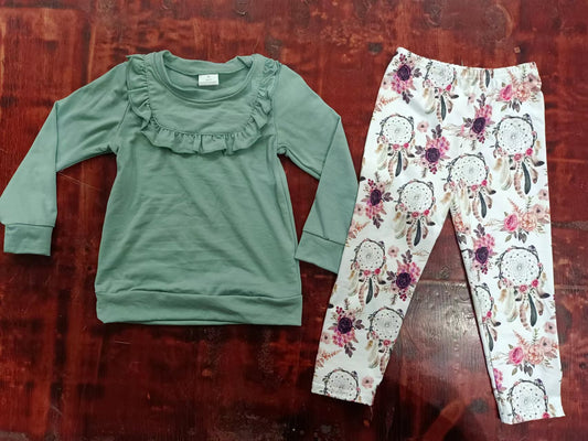 (Custom Design Preorder MOQ 5) Green Top Flowers Legging Pants Girls Clothes Set