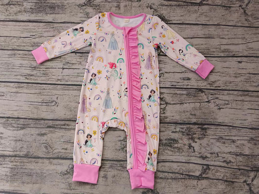 (Custom Design Preorder MOQ 5) Cartoon Princess Flowers Print Baby Girls Zipper Romper