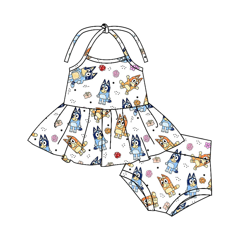 (Custom Design Preorder MOQ 5)  Cartoon Dog Baby Girls Bummie Set