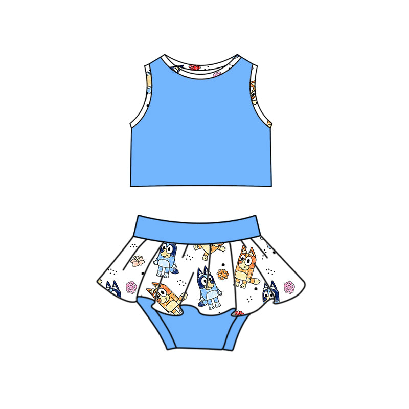 (Custom Design Preorder MOQ 5)  Cartoon Dog Blue Top Baby Girls Bummie Set