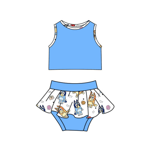 (Custom Design Preorder MOQ 5)  Cartoon Dog Blue Top Baby Girls Bummie Set