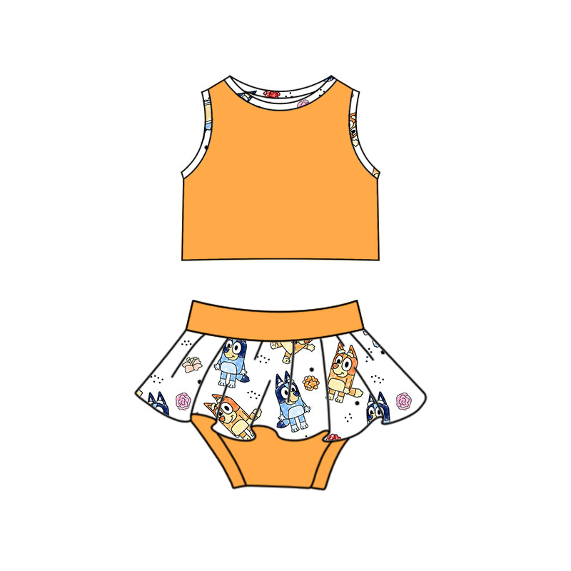 (Custom Design Preorder MOQ 5)  Cartoon Dog Orange Top Baby Girls Bummie Set