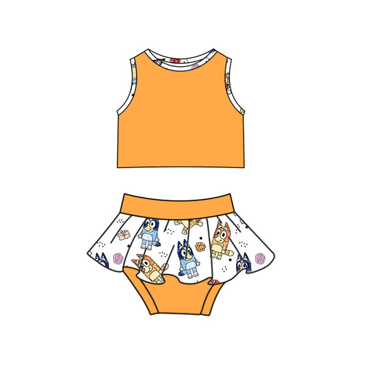 (Custom Design Preorder MOQ 5)  Cartoon Dog Orange Top Baby Girls Bummie Set