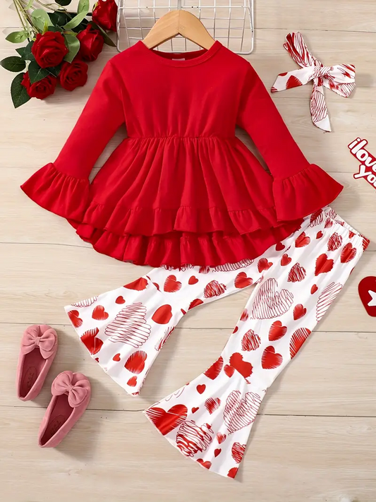 (Custom Design Preorder MOQ 5) Red Top Heart Bell Pants Girls Valentine's Clothes Set