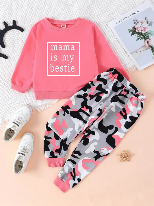 (Custom Design Preorder MOQ 5) Mama Is My Bestie Pink Camo Girls Clothes Set