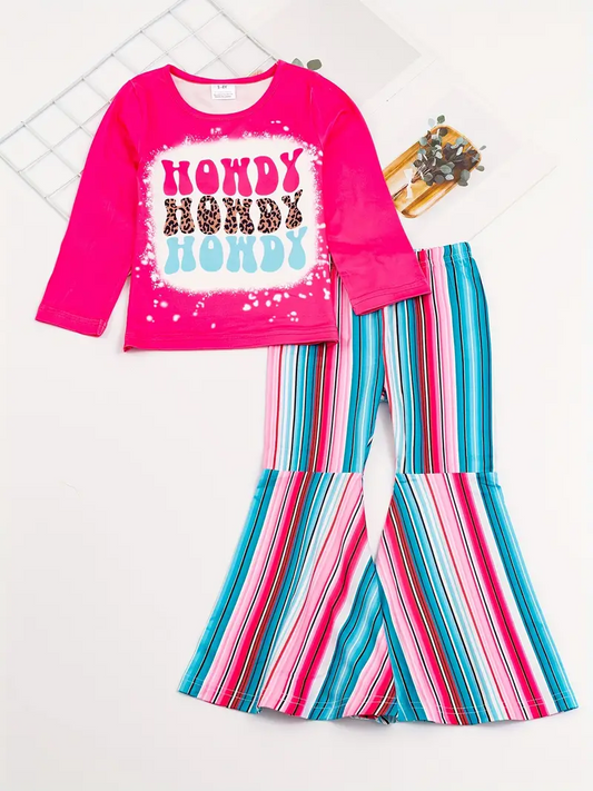 (Custom Design Preorder MOQ 5) Howdy Top Stripes Bell Pants Girls Clothes Set