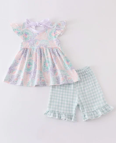 (Custom Design Preorder MOQ 5) Pink Flowers Print Tunic Top Plaid Shorts Girls Summer Clothes Set