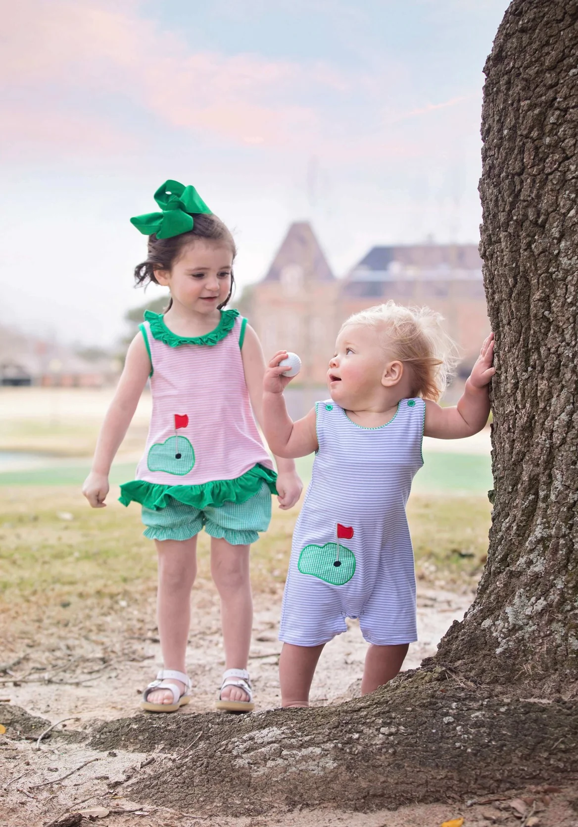 (Custom Design Preorder MOQ 5) Golf Hole Print Top Green Plaid Shorts Girls Summer Clothes Set