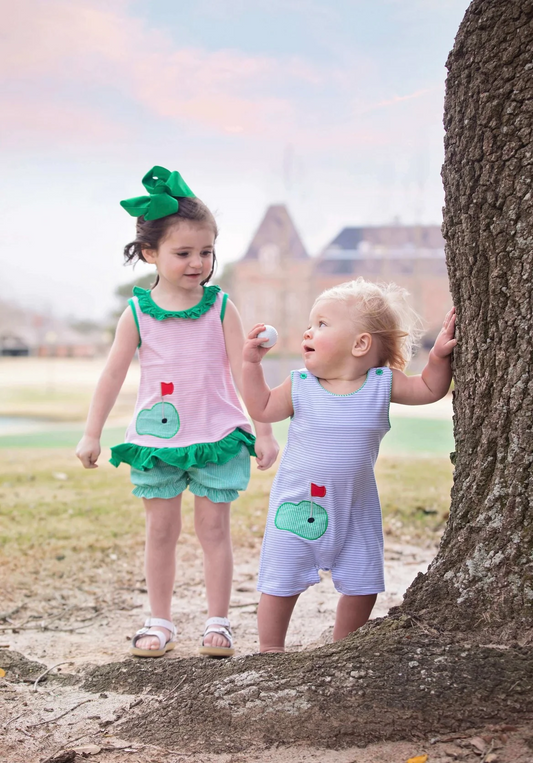 (Custom Design Preorder MOQ 5) Golf Hole Print Top Green Plaid Shorts Girls Summer Clothes Set