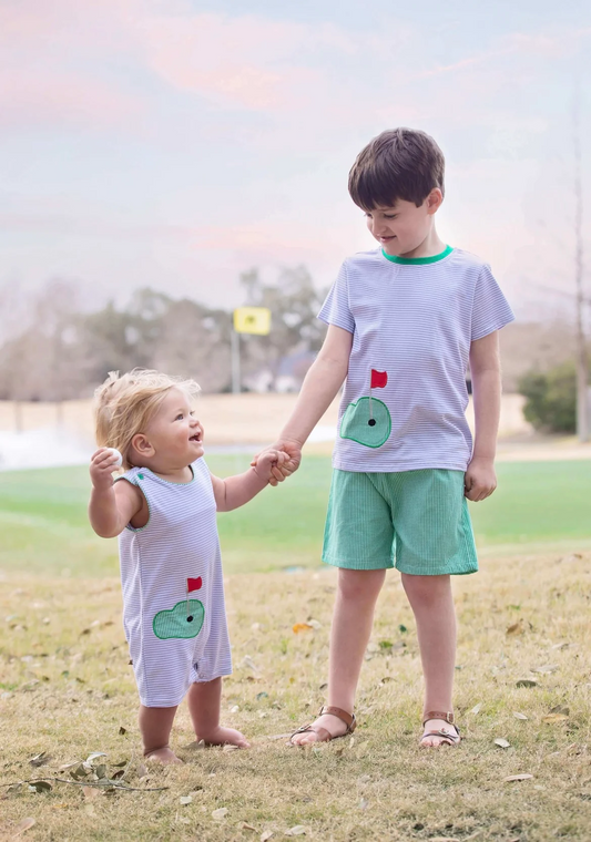 (Custom Design Preorder MOQ 5) Golf Hole Print Top Green Plaid Shorts Boys Summer Clothes Set