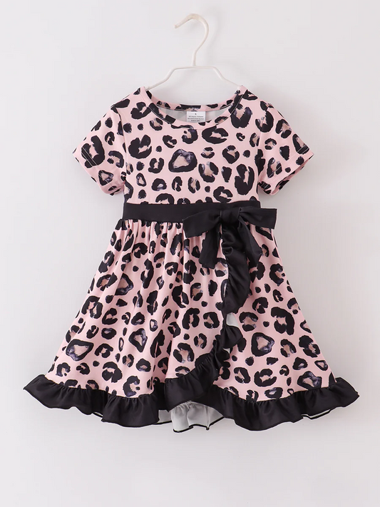(Custom Design Preorder MOQ 5) Pink Leopard Print Ruffles Girls Knee Length Dress