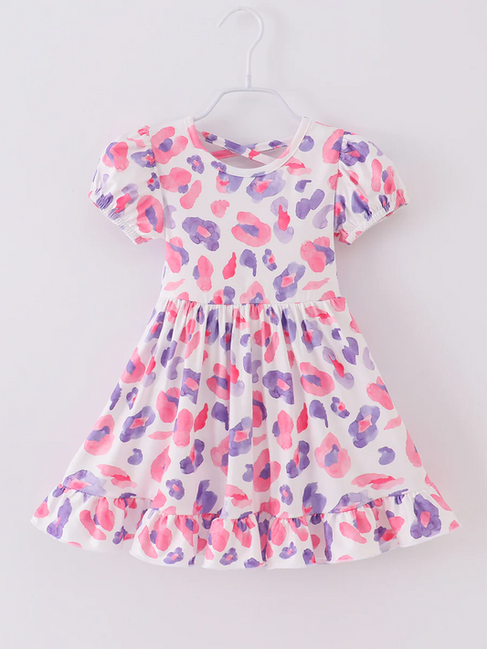 (Custom Design Preorder MOQ 5) Pink Purple Leopard Print Girls Knee Length Dress