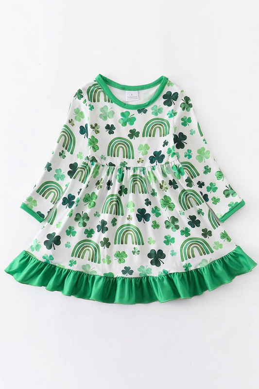 (Custom Design Preorder MOQ 5) Green Quatrefoil Rainbow Print Girls Knee Length St. Patrick's Dress