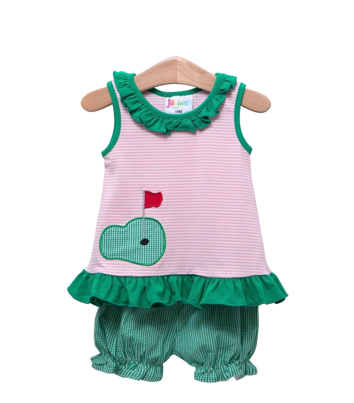 (Custom Design Preorder MOQ 5) Golf Hole Print Top Green Plaid Shorts Girls Summer Clothes Set
