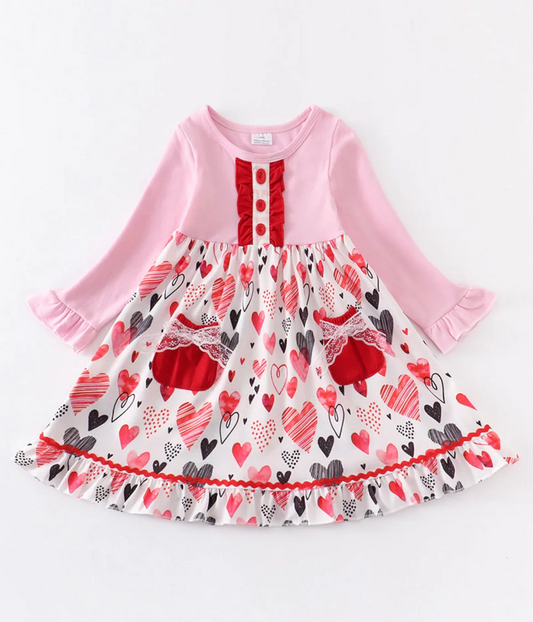 (Custom Design Preorder MOQ 5) Heart Print Pockets Girls Knee Length Valentine's Dress