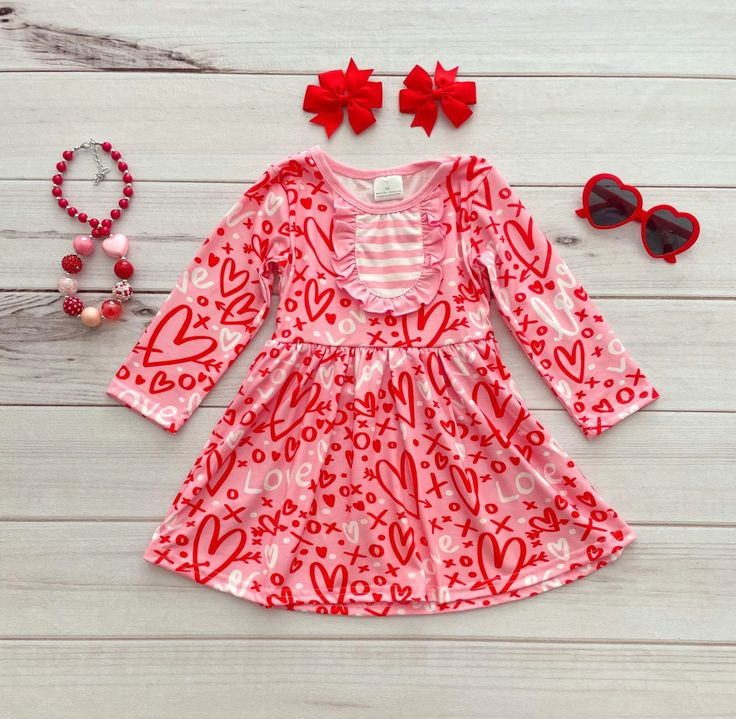 (Custom Design Preorder MOQ 5) Heart LOVE Print Girls Knee Length Valentine's Dress