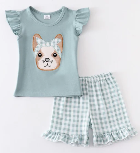 (Custom Design Preorder MOQ 5) Cute Dog Print Top Plaid Shorts Girls Summer Clothes Set