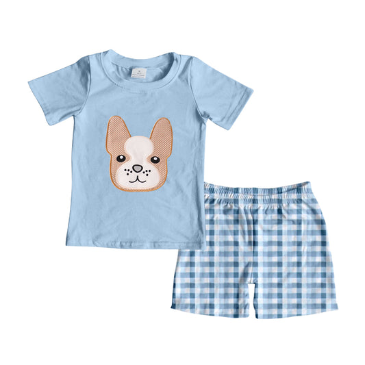 (Custom Design Preorder MOQ 5) Cute Dog Print Top Plaid Shorts Boys Summer Clothes Set