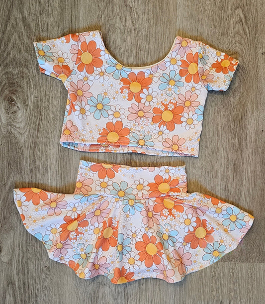 (Custom Design Preorder MOQ 5) Orange Flowers Print Girls Skirts Summer Clothes Set