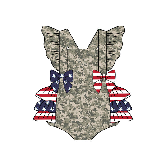 (Custom Design Preorder MOQ 5) Camo Star Print Baby Girls 4th of July Bubble Romper