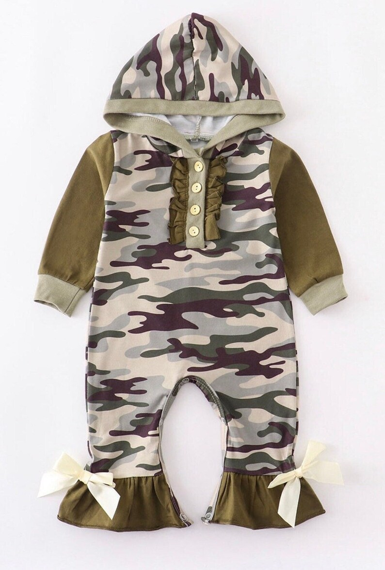 (Custom Design Preorder MOQ 5) Camo Print Baby Girls Hoodie Romper