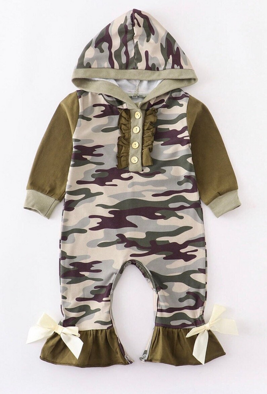 (Custom Design Preorder MOQ 5) Camo Print Baby Girls Hoodie Romper