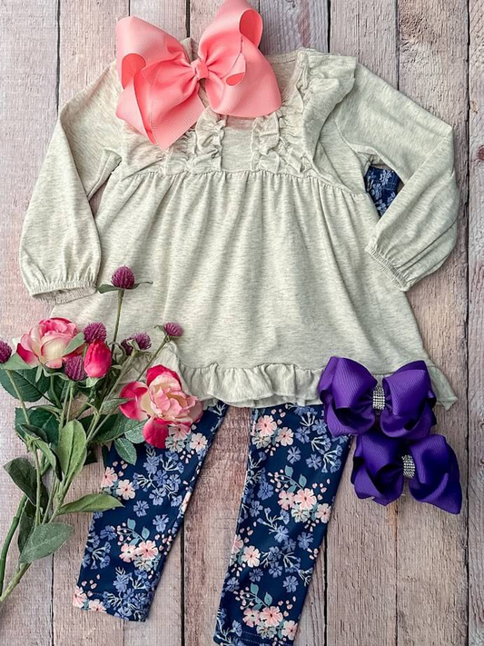(Custom Design Preorder MOQ 5) Grey Tunic Top Flowers Legging Pants Girls Clothes Set