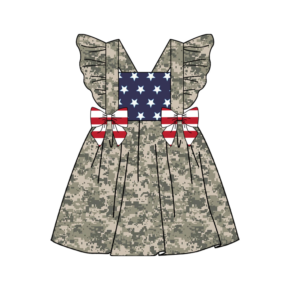 (Custom Design Preorder MOQ 5)  Camo Star Print Girls Knee Length 4th of July Dress