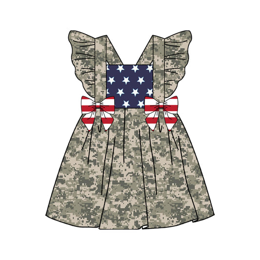 (Custom Design Preorder MOQ 5)  Camo Star Print Girls Knee Length 4th of July Dress