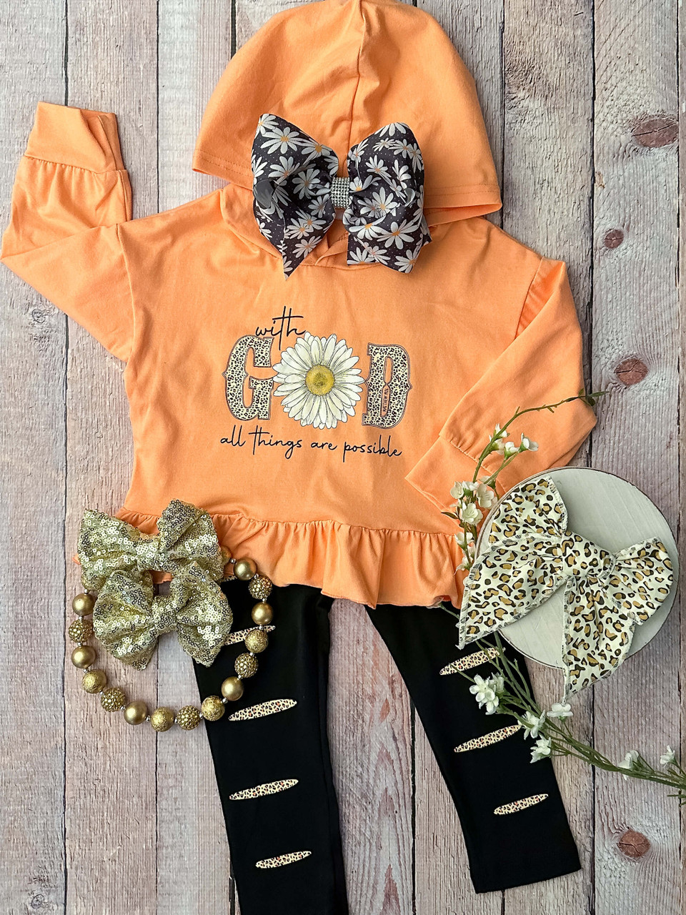 (Custom Design Preorder MOQ 5) With God Leopard Sunflower Print Girls Hoodie Clothes Set