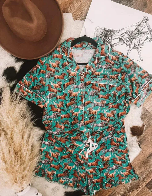 (Custom Design Preorder MOQ 5) Green Horse Print Boys Summer Buttons Pajamas Clothes Set