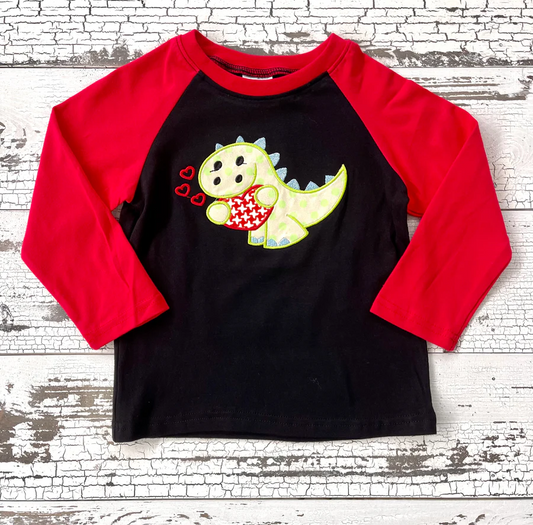 (Custom Design Preorder MOQ 5) Dino Heart Print Boys Raglan Sleeve Valentine's Tee Shirts Top
