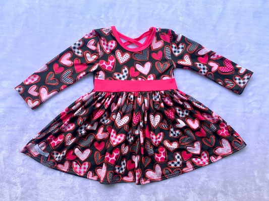 (Custom Design Preorder MOQ 5) Heart Print Girls Knee Length Valentine's Dress