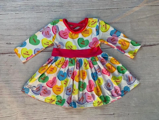 (Custom Design Preorder MOQ 5) Colorful Heart Print Girls Knee Length Valentine's Dress